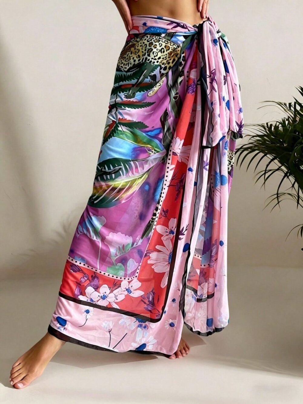 Multicolor Women's Tropical Print Knot Side Cover Up Skirt